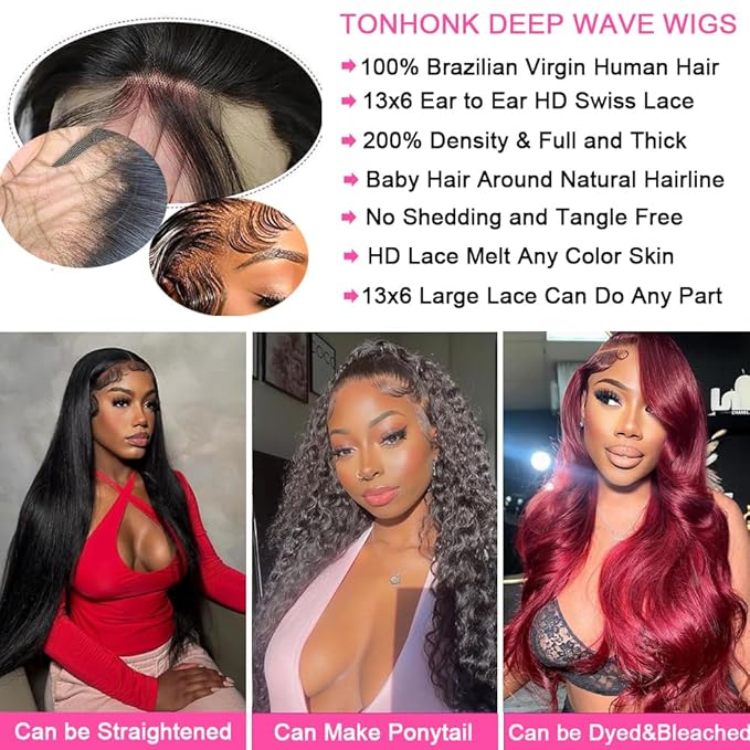 34 Inch 13x6 Deep Wave Lace Front Wigs Human Hair Wigs for Women 200 Density HD Transparent Deep Curly Lace Frontal Wigs Human Hair Pre Plucked with Baby Hair Natural Color