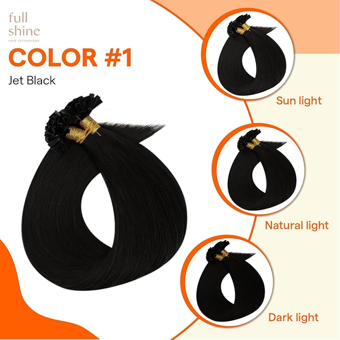 Full Shine Ktip Human Hair Extensions Color 1 Jet Black 14 Inch 50 Grams Keratin Tip Hair Extensions Real Human Hair Fusion Extensions Straight Remy Hair for Women
