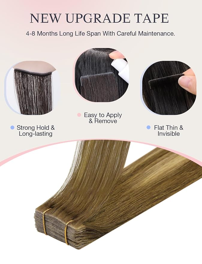 DOORES Invisi Edge Tape in Hair Extensions Human Hair, Medium Brown Highlighted Dirty Blonde 10 Injection Tape-ins with 10 Injection Tape-ins 50g 20 Inch, Virgin Tape in Extensions