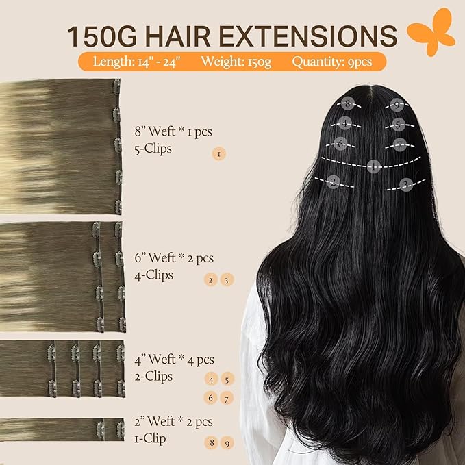 DOORES Hair Extensions Clip in Human Hair - Ash Brown to Platinum Blonde, 24 Inch, 9pcs 150g, Thick Straight Natural Real Hair