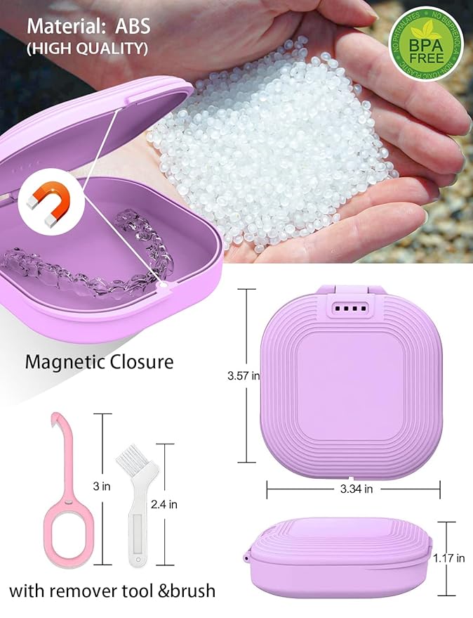 Slim Retainer Case With Vent Holes, Compatible With Invisalign, Mouth Guard, Removal Tool and Brush, Purple