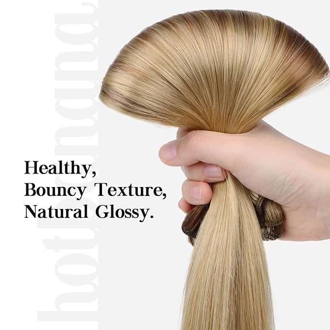 HOTBANANA Human Hair Clip in Hair Extensions, Balayage Coffee Brown Highlighted Sandy Blonde 120g Clip in Hair Extensions Real Human Hair Straight Remy Hair 22 Inch 7pcs