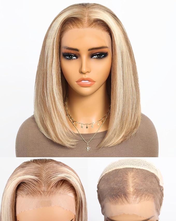 P12/613 Bob Wig Human Hair 13x4 Ready to Go Highlight 12A P12/613 Lace Front Wigs Human Hair 210% Density HD Lace Front Wig Pre Plucked (10inch, 13X4 Bob Wig)