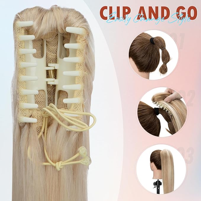 Hairro Claw Clip In Ponytails Extensions Jaw On Real Hair Ponytail Long Jaw/Claw Pony Tail With Clips Hairpieces For Women 18 Inch 115g #60 Platinum Blonde