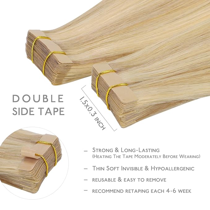 WENNALIFE Tape in Hair Extensions Human Hair, 20pcs 50g 14 inch Light Blonde Highlighted Golden Blonde Remy Hair Extensions Straight Human Hair Tape in Extensions Skin Weft Tape Extensions Human Hair