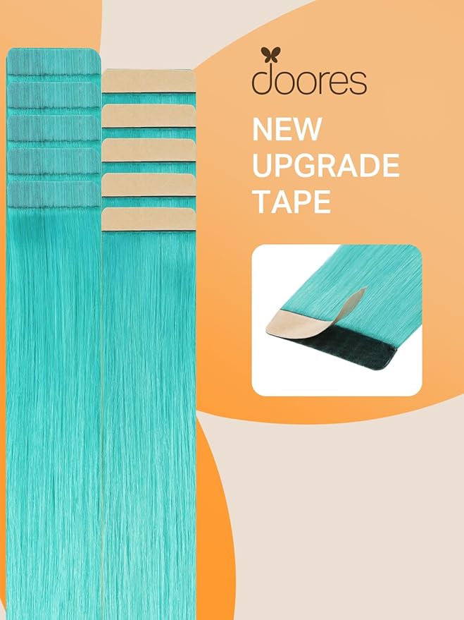 DOORES Human Hair Extensions Tape in Hair, Teal Green Tape in Hair Extensions, Remy Human Hair Extensions Invisible Tape Straight, 30g 10pcs 22 Inch