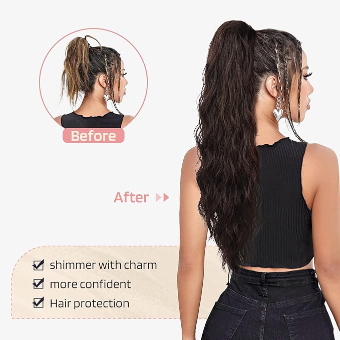 Flufymooz Ponytail Extension, 26 Inch Drawstring Ponytail Hair Extensions for Women， Long Curly Wavy Pony Tail Natural Wavy Synthetic Hairpiece for Women, Daily Use Party (Dark Chocolate Brown)