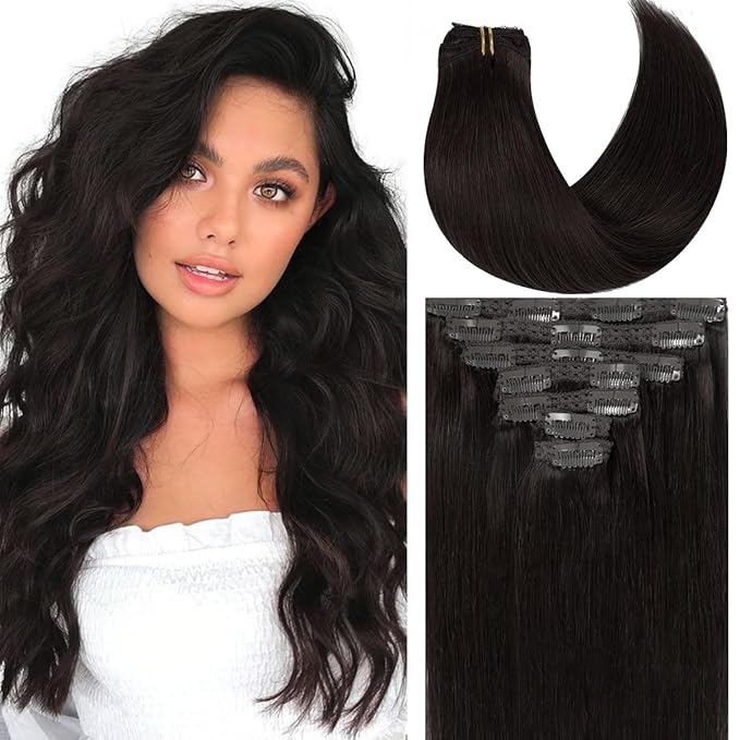 Caliee Clip in Hair Extensions - Human Hair, Dark Brown, Real, Double Weft Lace, 22Inch, 140G, 7PCS