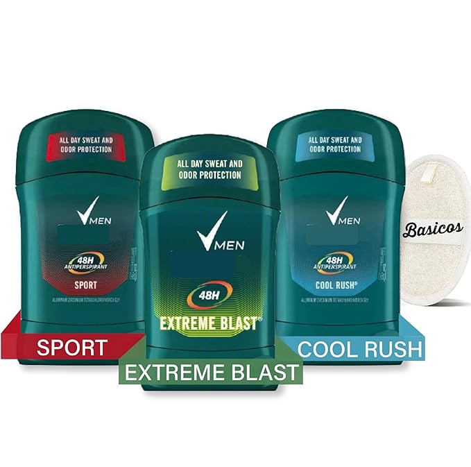 Deodorant Men Invisible Solid Sticks, Variety Set of 3, Deodorant Antiperspirant, Assorted Scents Includes Extreme Blast, Cool Rush, Sport, Each 1.7oz. Plus 1 Basicos Loofah
