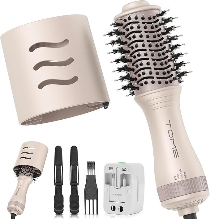 Travel Hair Dryer Brush, Dual Voltage Blow Dryer Brush, Mini Hot Air Portable 2 inch Travel Hair Dryer Styler Volumizer Oval Shape (Tome Color)