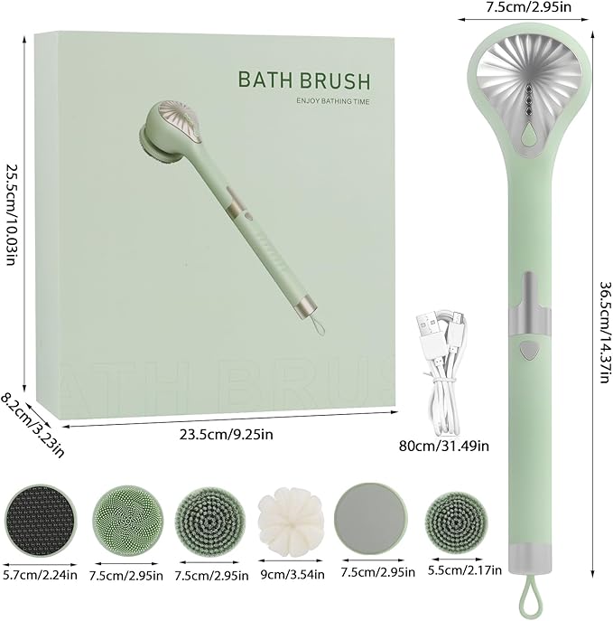 Electric Body Brush Back Scrubber for Shower, Waterproof Long Handle Power Body Scrubber with 6 Heads, Rechargeable Bath Brush & 3 Speeds, for Cleansing, Exfoliating and Massaging Skin (Green)