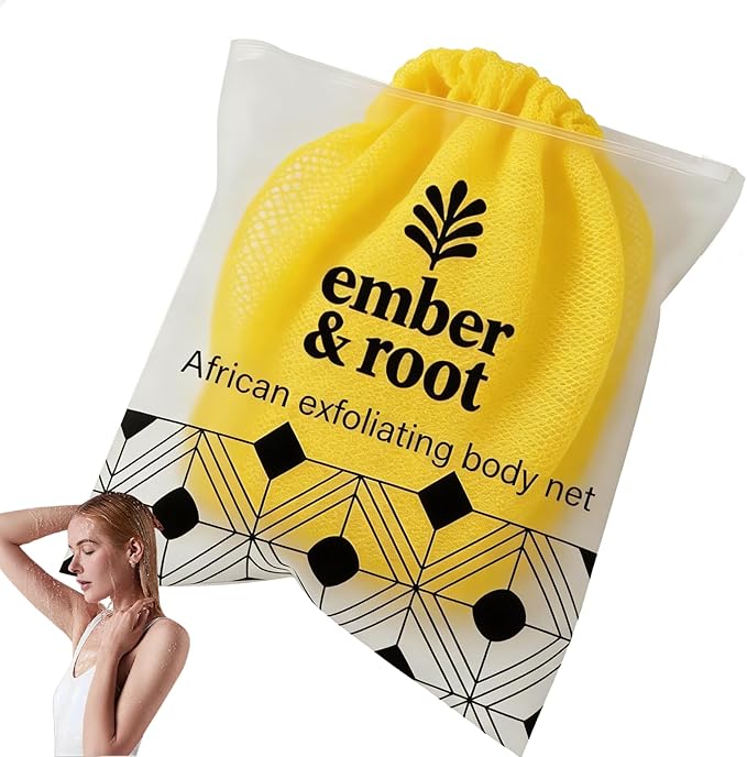 African Exfoliating Body Net Sponge, Ember and Root African Net Sponge, Exfoliating Towel, Gentle Exfoliation, Exfoliating Washcloth Face & Body Scrub Towel for All Skin Types (Yellow)