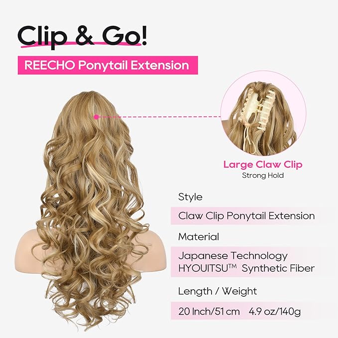 REECHO Ponytail Extension, 20” Claw Clip Ponytail Extension Curly Clip in Ponytail Long Pony Tails Hair Extensions for Women Synthetic Hairpiece, Medium Blonde with Blonde Highlights
