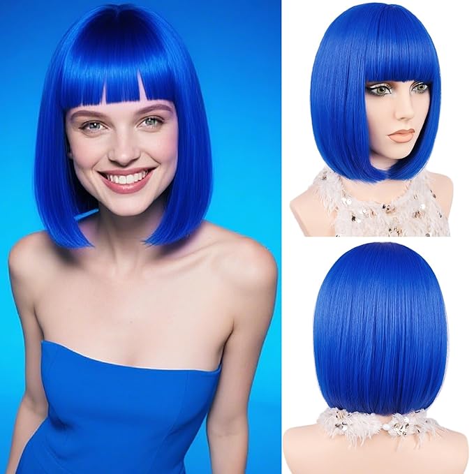 MAYSA Blue Bob Wigs with Bangs for White Women Short Straight Bob 12in Synthetic Cosplay Daily Party Colorful Wig # Royal Blue ﻿