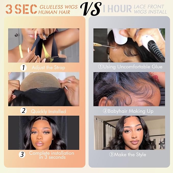 250% Density Glueless Wigs Human Hair Pre Plucked Pre Cut 7x6 HD Lace Closure Wigs Human Hair Body Wave Lace Front Wigs Human Hair for Women Drawstring Glueless Wigs for Beginners 16 inch