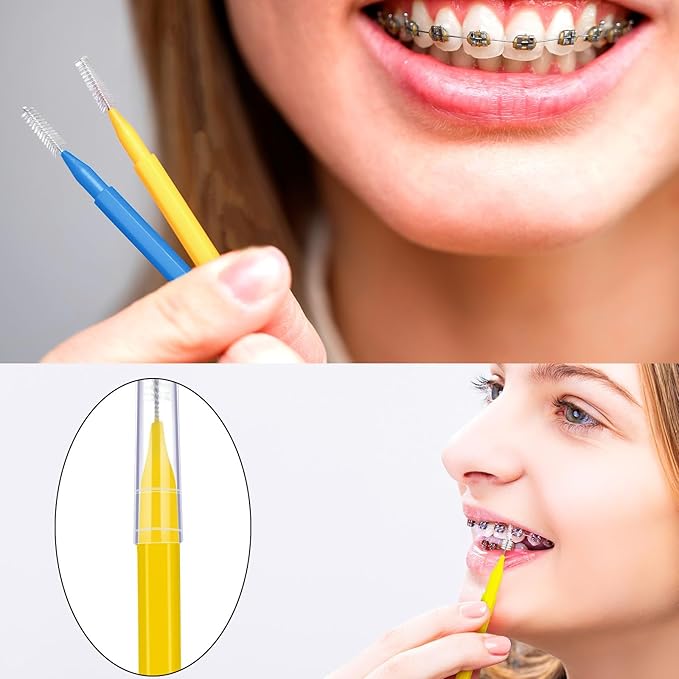 Patelai 100 Pieces Braces Brush for Cleaner Interdental Brush Toothpick Dental Tooth Flossing Head Oral Dental Hygiene Flosser Toothpick Cleaners Tooth Tool(Blue, Yellow,Multiple Sizes)