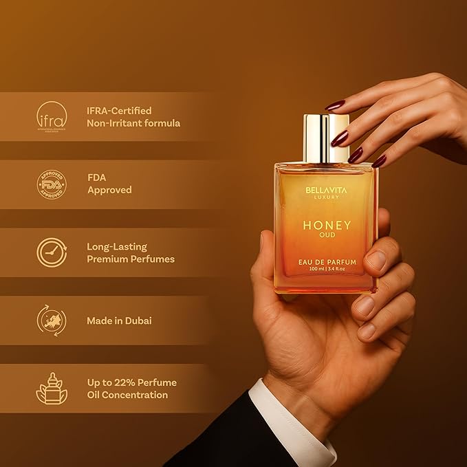 BellaVita Luxury Honey Oud Eau de Parfum (3.4 fl. oz.) | Patchouli, Vanilla, Bergamot, Floral & Spicy + Made with Clean & Vegan Essentials Oils + Cruelty Free | Long-Lasting Unisex Fragrance