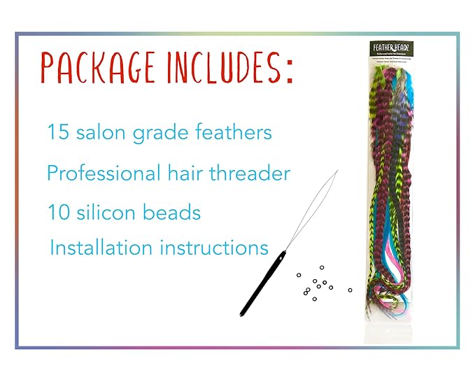 15 Rainbow Fluffy Color Hair Feathers - 7”- 12” Long - Rainbow Fluffy Hair Extension, Feather Hair Extension DIY Kit - Eye-Catching Design - 20 Micro-link Beads - 100% Real Rooster Feathers