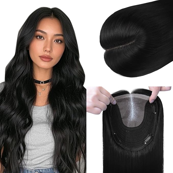 HAIR Toppers for Women Real Human Hair Clip in Silk Base 150 Density 6x7inch 55 grams Jet Black Color 12inch for Women with Thinning Crown（#1 12inch