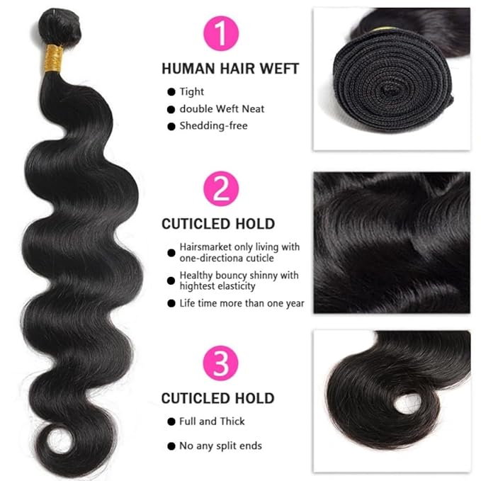 12A Human Hair Bundles 16 18 20 +14 Inch Body Wave 100% Unprocessed Hair 3+1 Bundles Deals Extensions Quick Weave Human Hair Natural Black Color