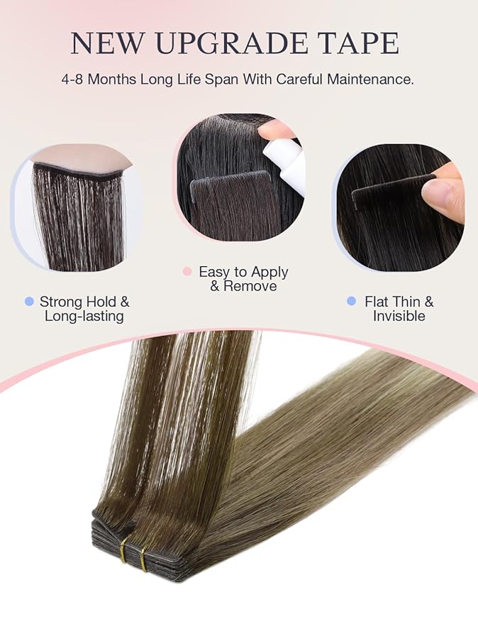 DOORES Invisi Edge Hair Extensions Real Human Hair Tape in, Walnut Brown to Ash Brown and Bleach Blonde 10 Injection Tape-ins with 10 Classic Tape-ins 50g 20 Inch, Injection Tape in
