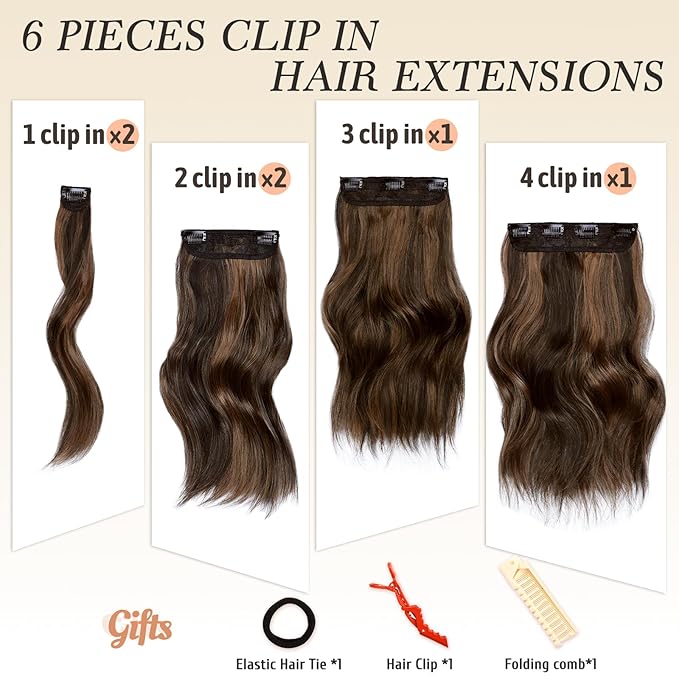 NAYOO Clip in Hair Extensions for Women 14 Inch Short Wavy Curly Dark Brown Mix Chestnut Hairpieces Full Head Synthetic Hair Hairpieces (6PCS, Dark Brown Mix Chestnut)