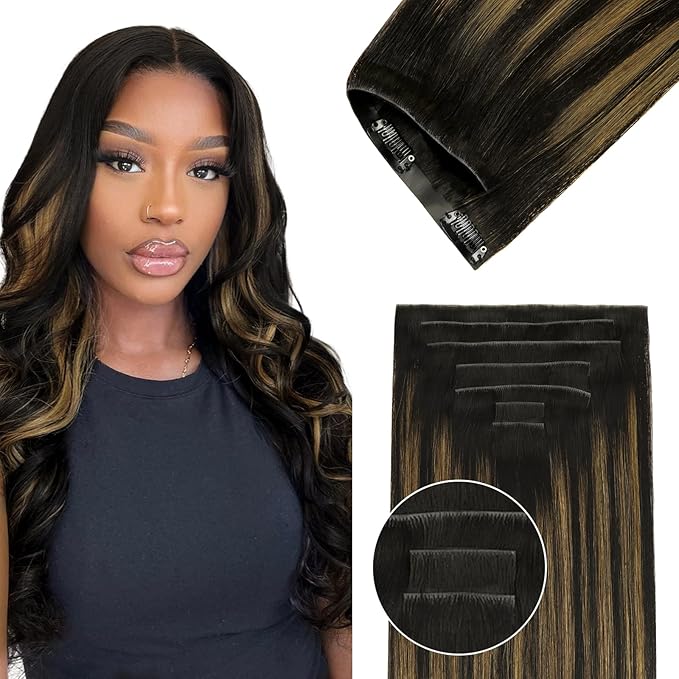 Lashey Invisi Edge Clip in Hair Extensions 16 Inch 110g 7pcs Injected Seamless PU Clip in Hair Extensions Virgin Human Hair, Natural Black Mixed Chestnut Brown Straight Hair