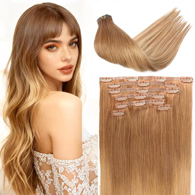 Seamless Clip in Hair Extensions Real Human Hair For Women 125g 20 Inch Dark Brown and Light Beige Blonde Balayage Invisible PU Skin Weft Remy Human Hair Extensions clip ins 7Pcs 18 Clips