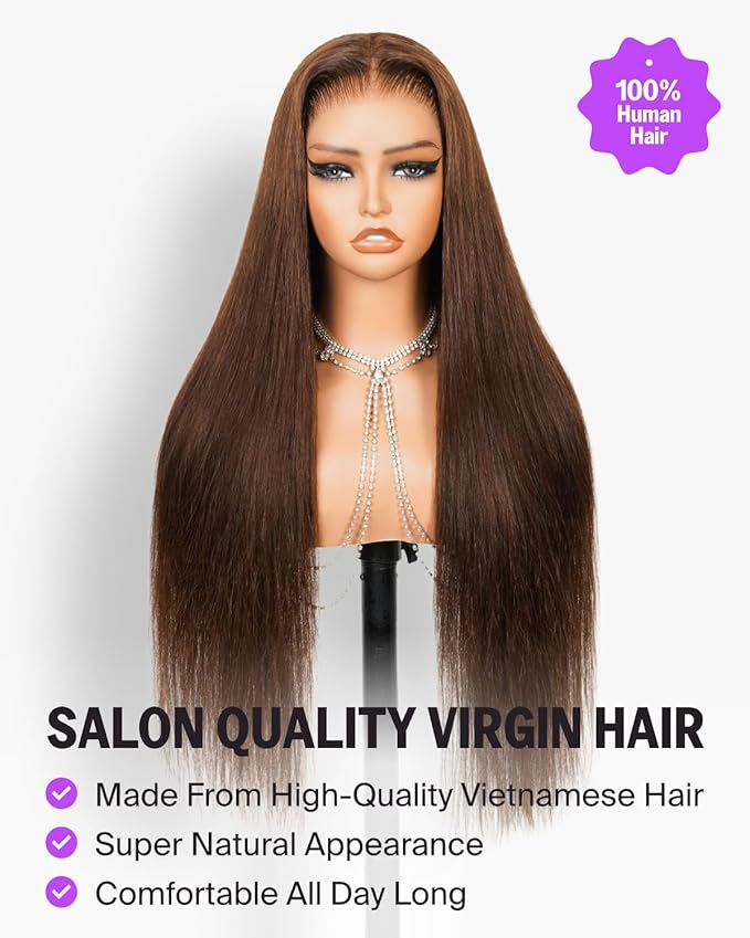 13x6 Lace Front Glueless Wigs Human Hair Pre Plucked Pre Cut HD Frontal Brown Wigs 220% Density Straight Chocolate Brown Human Hair Wig Pre Bleached Drawstring Wig 24 Inch 4#