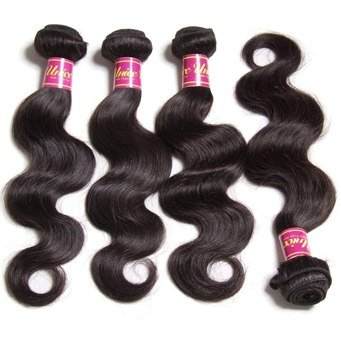 UNice Hair 18 20 22 24 inch Brazilian Body Wave Human Hair Weave 4 bundles 100% Real Unprocessed Virgin Brazilian Human Hair Extensions Natural Black Color