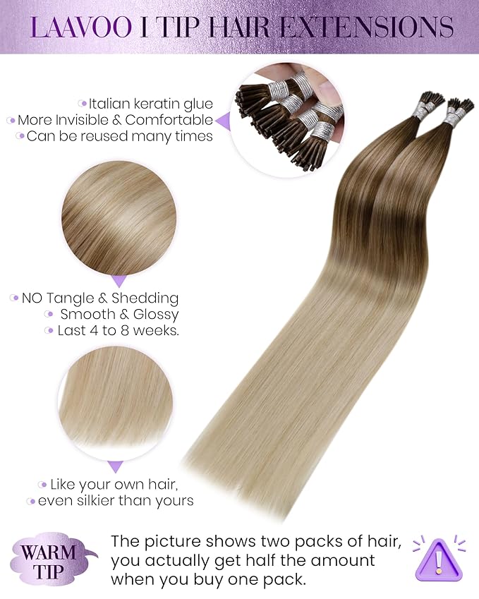 LaaVoo I Tips Hair Extensions Real Human Hair Balayage Brown to Ash Blonde with Platinum Blonde I Tip Human Hair Extension Real Hair Itip Hair Extensions Cold Fusion 18inch 100g 100s