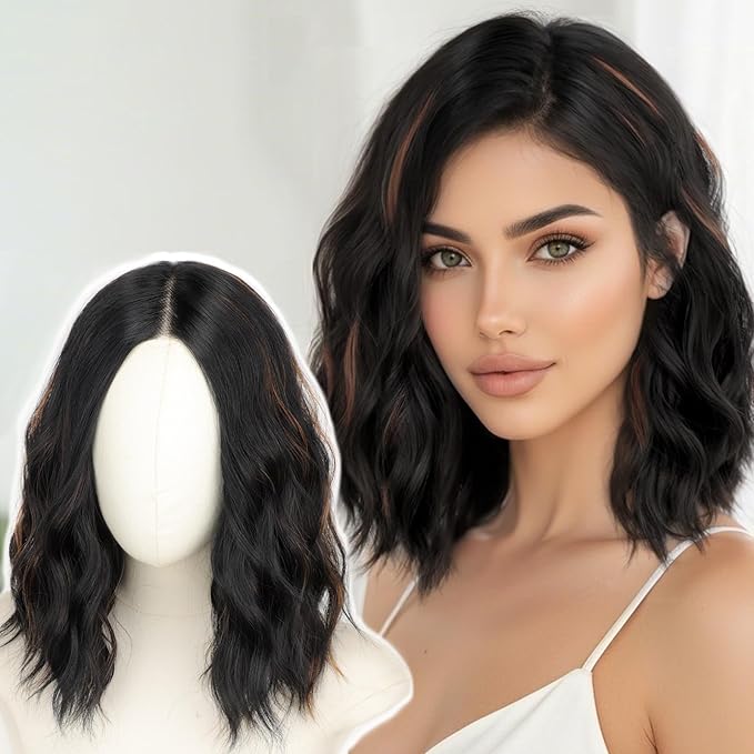 AISI HAIR 14 Inch Black Mix Brown Wigs for Women - Shoulder Length Wave Wig with Pre-Cut Lace Hairline, Middle Part Natural Wavy Bob Synthetic Heat Resistant Fiber for Daily and Party