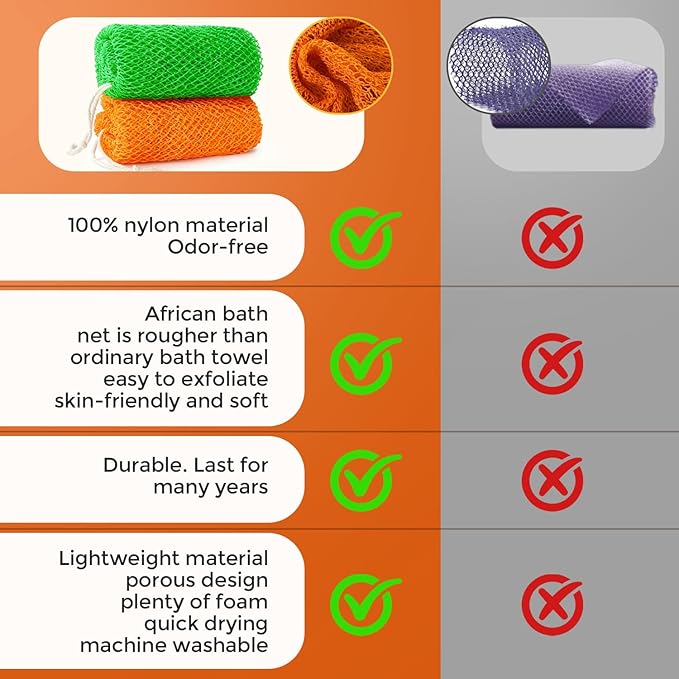2 Pieces African Net Sponge Authentic, Durable Back Scrubber Washcloth for Shower, Exfoliating Net Sponge for All Skin, Bathing Accessories for Women (Orange and Green)