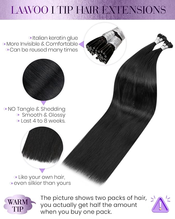 LaaVoo I Tip Hair Extensions Human Hair Jet Black I Tips Hair Extensions Real Human Hair 60s Silky Straight Black Itip Human Hair Extension Cold Fusion 16 inch 50g