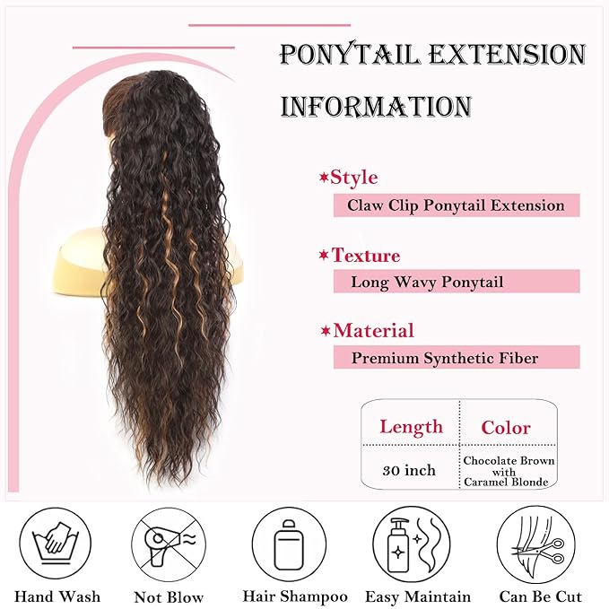 ENBEAUTIFUL 30" Claw Clip Ponytail Extension Long Wavy Ponytail Extension Synthetic Pony Tails Hair Extensions Clip in Hair pieces Fluffy Natural Looking for Women Chocolate Brown with Caramel Blonde