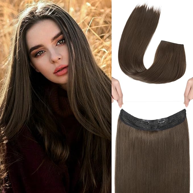 REECHO Invisible Wire Hair Extensions with Transparent Headband Adjustable Size Removable Secure Clips in Straight Secret Hairpiece for Women (18 Inch (Pack of 1), Medium Ash Brown)