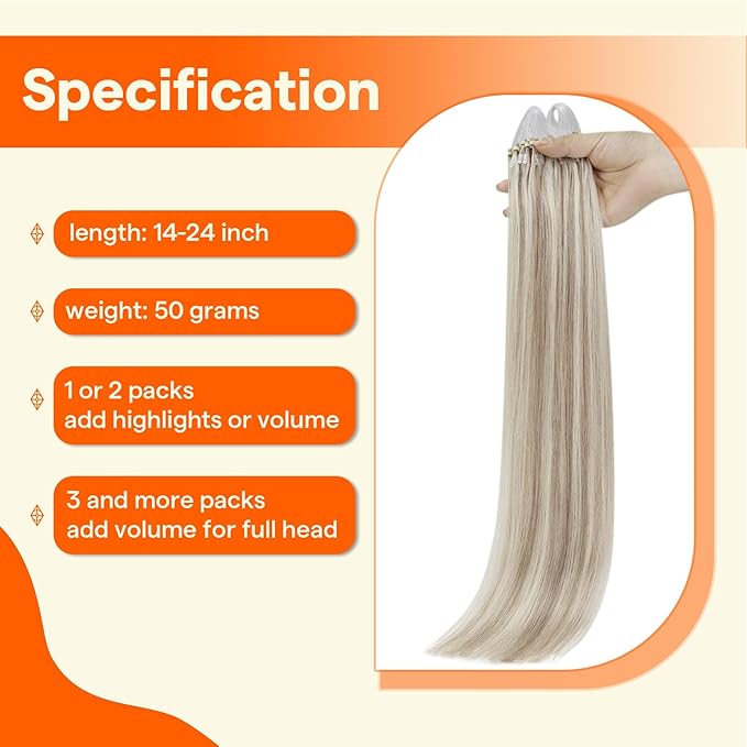 Full Shine Microlink Hair Extensions Human Hair Color 18 Ash Blonde Highlighted 613 Blonde 16 Inch 50G with 7G Micro Beads Micro Ring Hair Extensions Natural Straight Remy Hair
