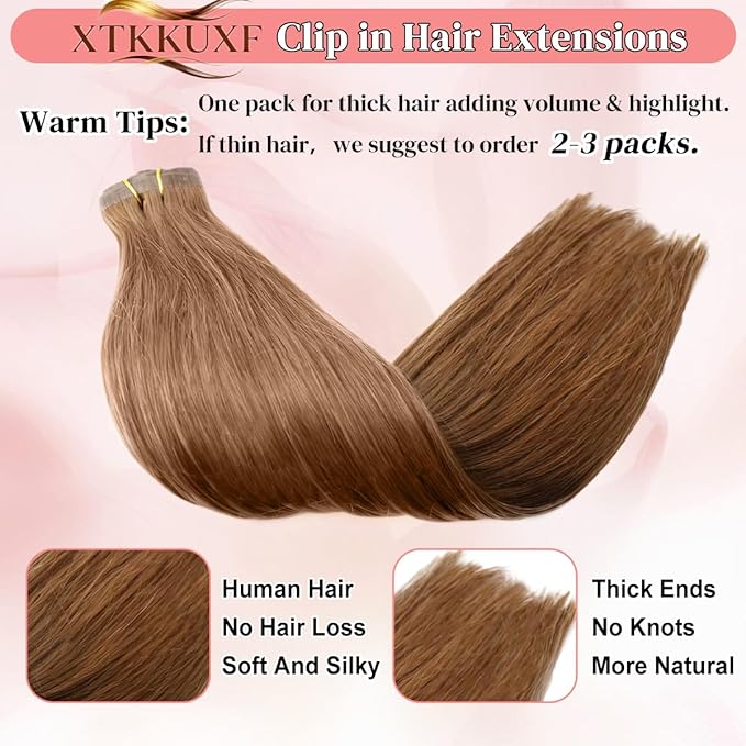 Seamless Clip in Hair Extensions Real Human Hair For Women 125g 20 Inch Light Golden Brown Invisible PU Skin Weft Remy Human Hair Extensions clip ins 7Pcs 18 Clips