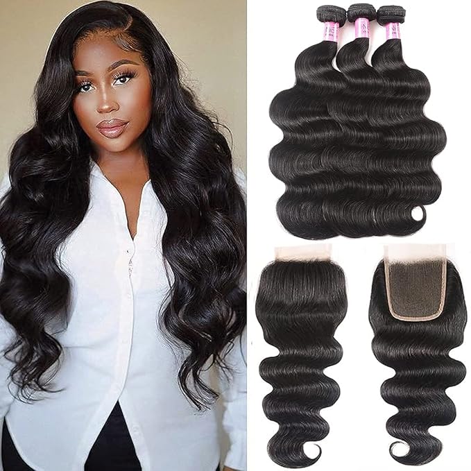 UNice Hair Brazilian Body Wave 3 Bundles with Lace Closure Free Part Unprocessed Virgin Human Hair Weaves with Lace Closure Extensions Natural Black Color (22 24 26+18 Closure)