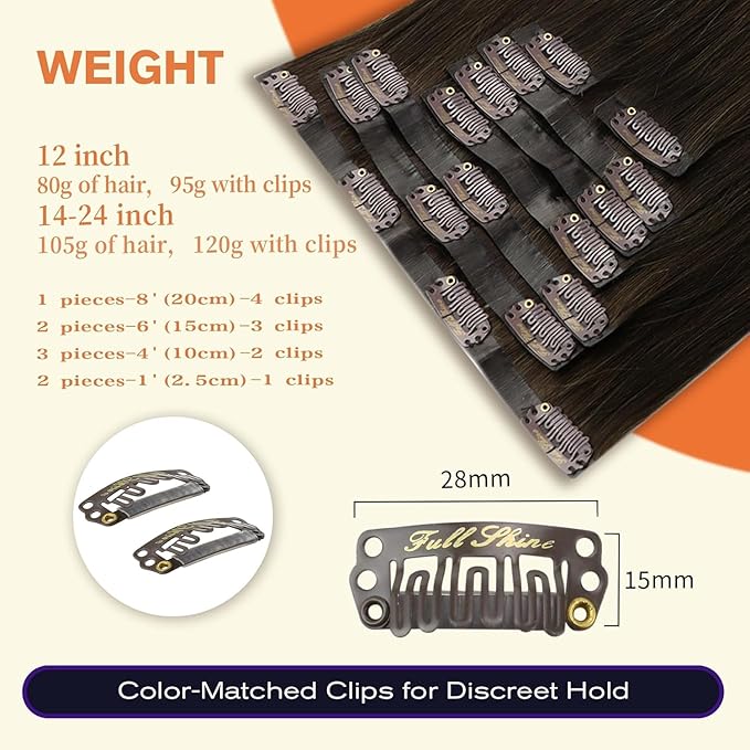 Full Shine Seamless Human Hair Clip in Extensions 14 Inch Ombre Dark Brown to Light Brown with Honey Blonde Real Hair Seamless Clip ins for Women 8 PCS 120 Grams