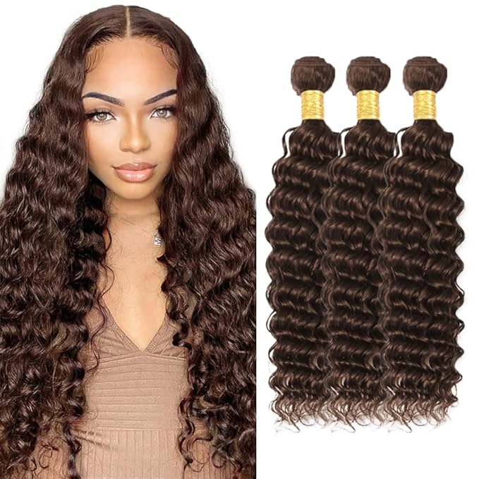 Brown Human Hair Bundles Dark Brown Deep Wave Bundles 18 20 22 inch WuvuSnm #4 Wet and Wavy Bundle #4 Deep Wave Bundle