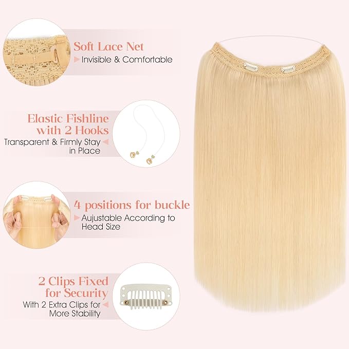 Hairro Wire Hair Extensions Human Hair, Fish Line Invisible Adjustable & Clips in Extensions Straight, 100% Real Hairpieces Seamless Blending for Women, 12 Inch 65g Platinum Blonde