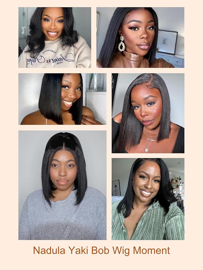 Nadula Bye Bye Knots Yaki Straight Bob Glueless Wig Pre Cut/Plucked/Bleached 7x5 Lace Front Wigs Human Hair Invisible Knots Pre Everything 3S Ready to Go Short Yaki Bob Wigs 150% Density 14inch