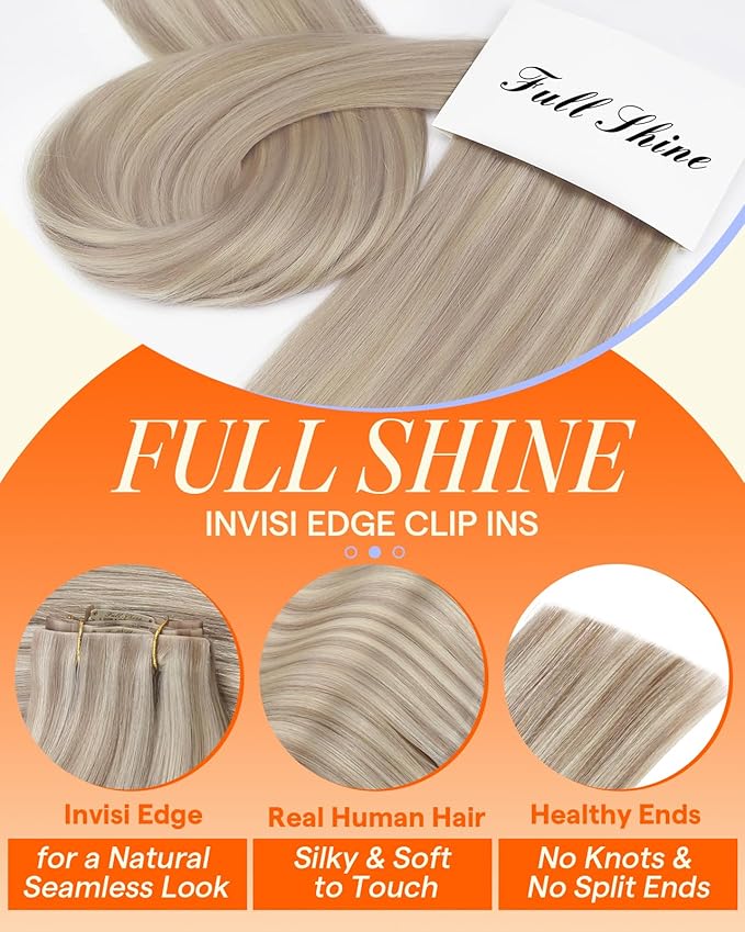 Full Shine Balayage Invisi Edge Clip in Hair Extensions 20 Inch Injected Seamless PU Clip in Hair Extensions Ash Blonde Highlights Light Blonde Real Hair 6 PCS 120 G