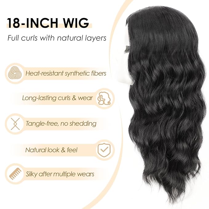 AISI HAIR Black Wig for Women Medium Length Wave Curly Glueless Synthetic Heat Resistant Hair Wigs for Daily Party Cosplay