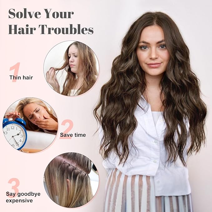 ALXNAN Clip in Hair Extensions for Women,Chocolate Brown with Dark Brown Long Wavy Hair Extensions Clip Ins 4PCS 20 Inch Synthetic Soft and Natural Thick Hair Pieces for Women