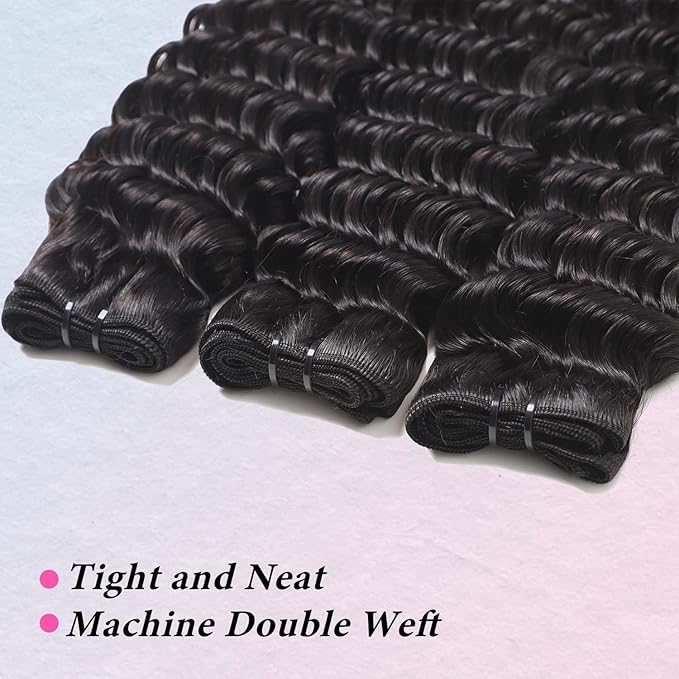 12A Brazilian Deep Wave Bundles Human Hair 3 Pcs 24 24 24 Inch Deep Curly Human Hair Water Wave Bundles 100% Unprocessed Virgin Double Weft Curly Weave Natural Black