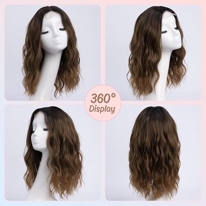 Medium Length Ombre Dark Brown Wavy Wigs for Women 18 Inch Middle Part Wavy Dark Brown Wig Natural Looking Synthetic Heat Resistant Fiber Wig for Daily Party Use (18 inch)