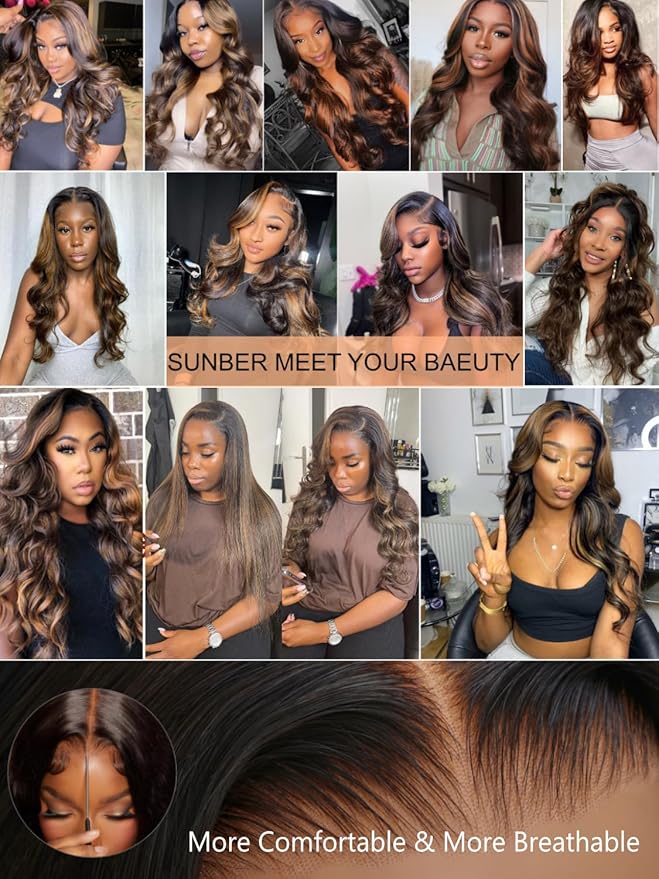 Sunber Bye Bye Knots 7x5 Lace Front Glueless Ombre Brown Highlight Body Wave Human Hair Wigs Pre Plucked Invisible Knots Pre Everything 3S Ready to Wear Highlgiht Brown Body Wave Wig 18Inch