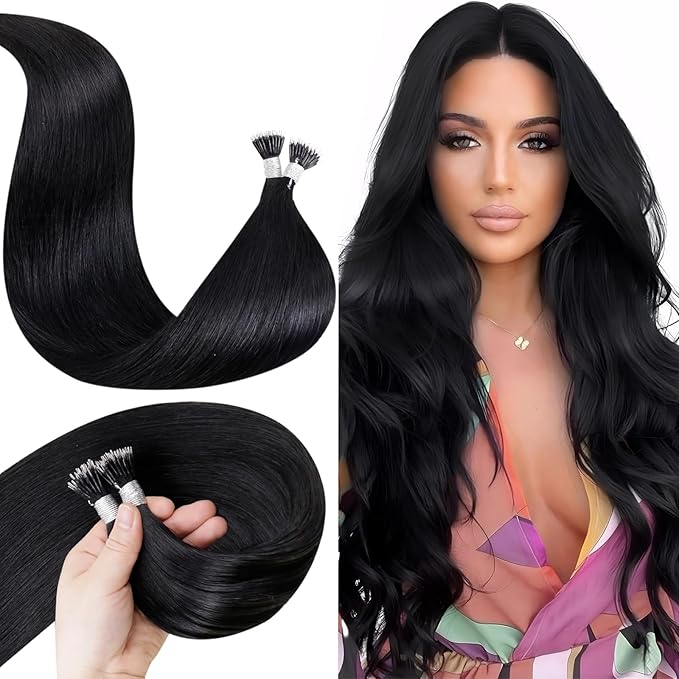 LaaVoo Nano Hair Extensions Black 20 Inch Nano Beads Hair Extension Human Hair Jet Black Nano Ring Extensions Real Human Hair 50g 50s
